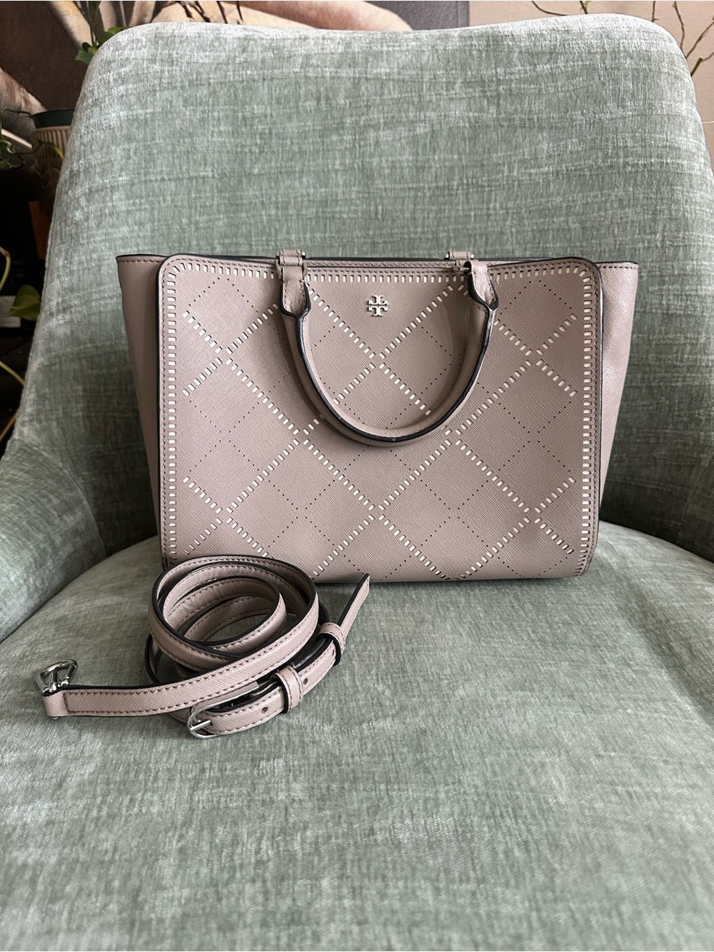 Tory Burch Taupe Perforated Quilted Satchel Tote